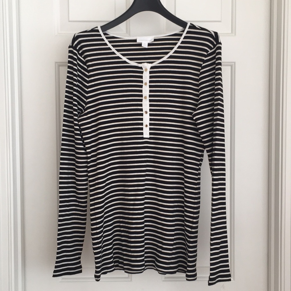Charter Club Top M Stripes Black White Long Sleeves Ribbed